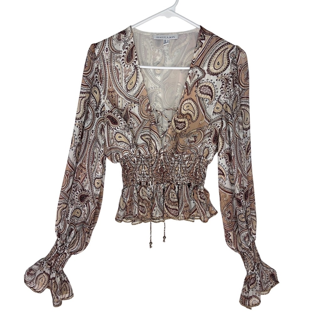 Shona Joy Paisley Smocked Crop Top Metallic Lurex Lace Up V-Neck Blouse Size‎ 6